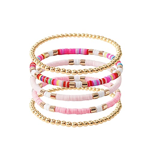 GOOJIDS Surfer Heishi Clay Bead Bracelets for Women Bohemian Stackable Gold Plated Beaded Stretch Bracelets Elastic Layering Friendship Bracelets Set Boho Jewelry - color: C-New Pink Sets