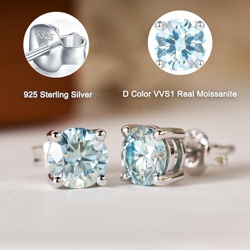 YODEWA 1/2/3ct Moissanite Stud Earrings for Women 925 Sterling Silver Hypoallergenic Butterfly Back 1 Pair DEF Color Lab Created Brilliant Round Moissanite Earrings - color: Round Light Blue, size: 1CTW(0.5CT*2-5.0mm)