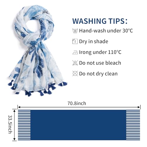 QIUTIMIY Scarf for Women Lightweight Soft Floral Leopard Printed Scarves Fall Winter Fashion Shawl Wrap with Fringe - color: Flower-white Blue