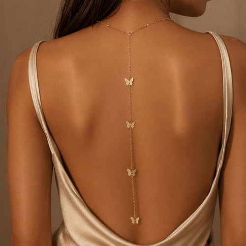 Back Necklace for Backless Dress Body Chain Jewelry for Women Adjustable Rhinestone Chain Necklace Bridal Jewelry for Weddings Summer Vacation - color: butterfly gold