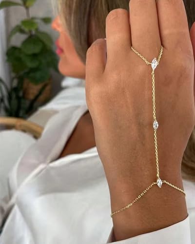 YEEZII Gold Hand Chain Bracelets for Women, 2 Pcs 14k Gold Plated Cubic Zirconia Link Chain Bracelet Set, Trendy ring bracelet hand chain Jewelry for Her - color: Gold-G
