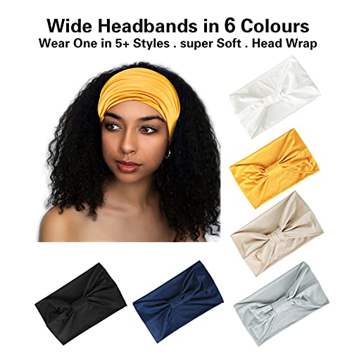 GiLi 6 Pack Wide Headbands for Women Non Slip Soft Elastic Hair Bands Yoga Running Sports Workout Gym Head Wraps, Knotted Cotton Cloth African Turbans Bandana (with 6 Pcs Hair Ties) - color: 6 Color (White+Black+Navy+Yellow+Light Grey+Skin)