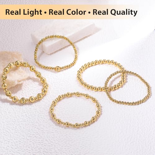 Gold Beaded Bracelets for Women: 14K Gold Bracelets for Women Trendy Dainty Gold Ball Bracelet Stack for Womens - Boho Stretch Bracelets Jewelry Sets with Cross Fashion Accessories Gifts for Women - style: Gold Ball