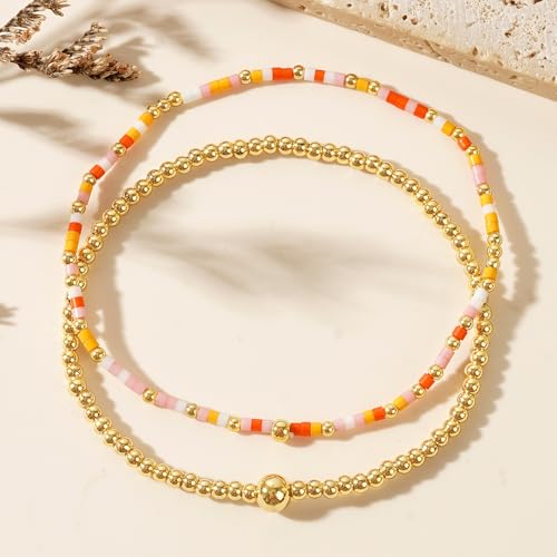 Dainty Gold Plated Tiny Ball Colorful Beaded Stack Bracelets Sets for Women,3Pcs Stackable Cute Bracelet Stretch Trendy Ball Jewelry Friendship Gift - color: Orange