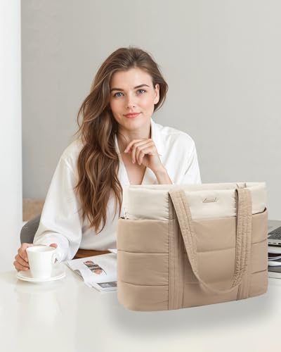 LOVEVOOK Tote Bag for Women, Large Puffer Work Tote Laptop Bag, Lightweight Travel Tote Bag with Zipper Gifts for Women - color: Khaki-beige-a, size: 15.6 Inch