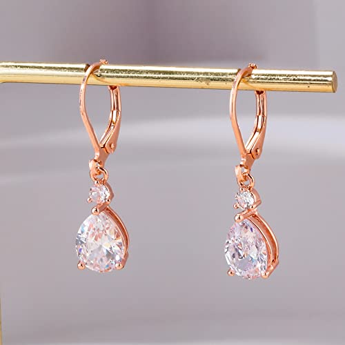CiNily Teardrop Leverback Dangle Earrings for Women Hypoallergenic 14K Gold Plated Cubic Zircon Drop Earrings Fashion Crystal Earrings for Girls Jewelry Christmas Gifts - color: Rose Gold-White CZ