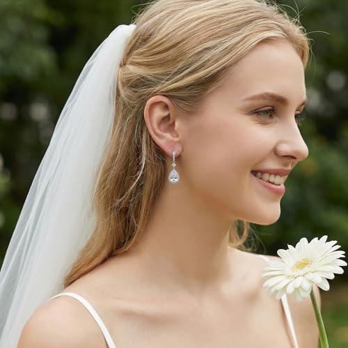 SWEETV Cubic Zirconia Dangle Earrings for Women, Teardrop Bridal Earrings for Wedding, Brides, Bridesmaids, Pear Shaped Drop Earrings for Women Prom Formal Party, Silver - color: Silver-Style4