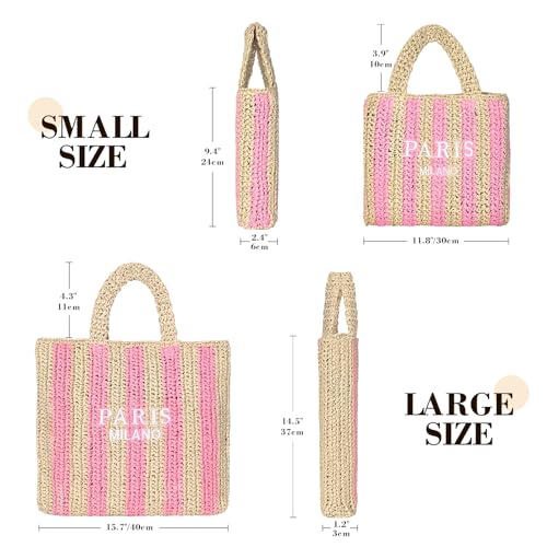 Straw Beach Bag for Women Summer Woven Tote Bag Packable Straw Purses and Handbags for Vacation Holiday - color: M-pink