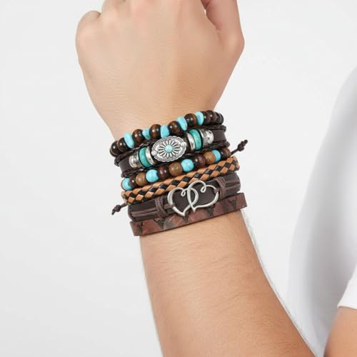 Turquoise Leather Western Bracelets for Women Men Bohemian Retro Turquoise Wrap Bracelets Exquisite Layered Stacked Cowboy Cowgirl Bracelet Western Country Concert Outfits Leather Cuff Bracelet for Women - style: Heart