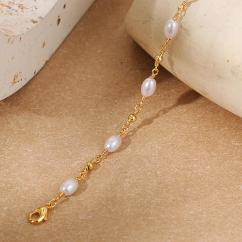 SLOONG Gold Pearl Bracelets for Women Trendy, 14K Gold Plated Dainty Stackable Layered Chain Bridesmaid Bracelets, Waterproof Wedding Jewelry for Women Adjustable 6"+2" - color: 1.Style3(Pearl)