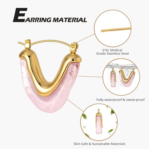 Fullpop Vintage Earrings for Women, Chunky 14K Gold Plated Resin Hoop Earrings Lightweight Hollow Drop Earrings Hypoallergenic Earrings for Women Vintage Anthropologie Jewelry Gifts for Women - size: V Shape Pink