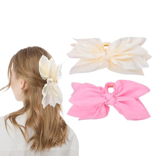 Bow Claw Clips Bow Hair Clips 2PC Big Hair Bows for Women Butterfly Styling Large Hair Clips for Thick Hair for Girls Hair Accessories for Women - color: 2PC-Beige+Pink