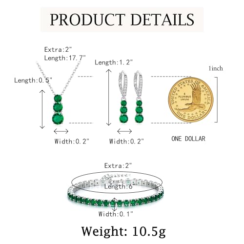 Crysdue Cubic Zirconia Jewelry Set for Women Bridesmaid, Classic Round Cut Drop Lightweight Lever Back Earrings Pendant Necklace Tennis Bracelet for Wedding Prom Party - style: 3pcs Green, Silver