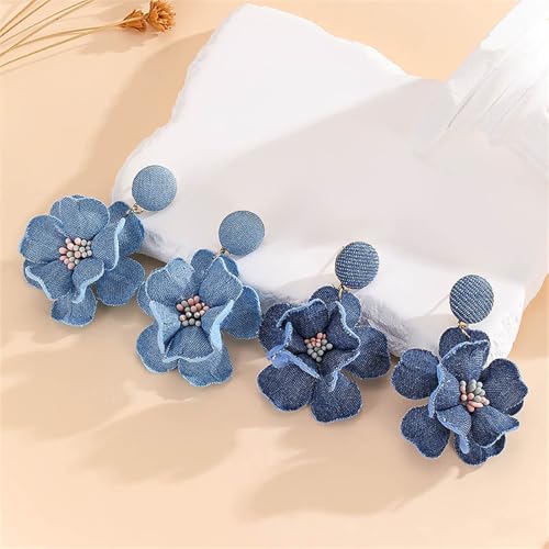 coadipress Boho Denim Camellia Flower Dangle Earrings for Women Exaggerated Big Layered Tiered Blossom Floral Drop Long Earring Chic Statement Earrings Wedding Bridal Jewelry Gifts - style: Flower Core Light Blue
