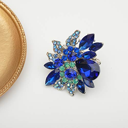CSY Luxury Women's Austrian Crystal Leaves Flower Big Cocktail Statement Rings Stretch Adjustable Ring Jewelry Accessories - color: 01 royal blue