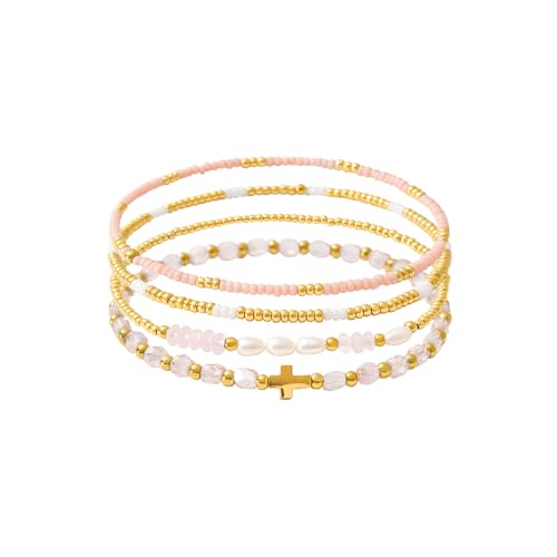 Dainty Gold Plated Pearl Crystal Beaded Bracelets Set for Women 14K Gold Plated Bead Pearl Beads Bracelet Stackable Paperclip Link Chain Bracelets Gold Plated Bracelets for Women Trendy Jewelry - color: Style3-gold cross pcs