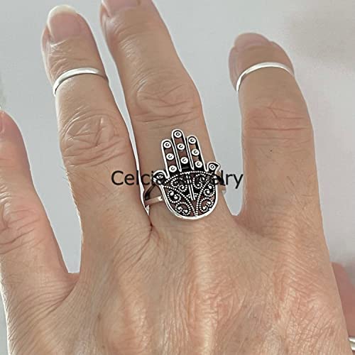Solid 925 Sterling Silver Large Hamsa Ring, Flower Ring, Statement, Hand, Religious, Boho Bohemian, Minimalist, Mothers Day (Size 7)
