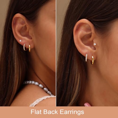 Flat Back Stud Earrings for Women - Hypoallergenic Surgical Steel Earrings with CZ Stones - 6 Pairs (18-20G) - color: Silver, size: 20 G