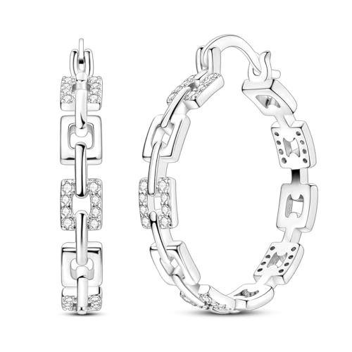 NARMO 925 Sterling Silver Hoop Earrings for Women Hypoallergenic Lightweight Simple Huggie Hoop Earrings Twisted Hoop Earrings Colorful Cubic Zirconia Hoop Earrings Rainbow Hoop Earrings - color: Square Chain