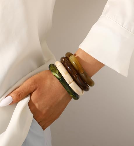 iF YOU 6pcs Chunky Acrylic Bangle Bracelets for Women, Resin Bamboo Brown Stretchy Bracelet Stack, Fashion Jewelry for Women - color: 4pcs-green & brown bracelets