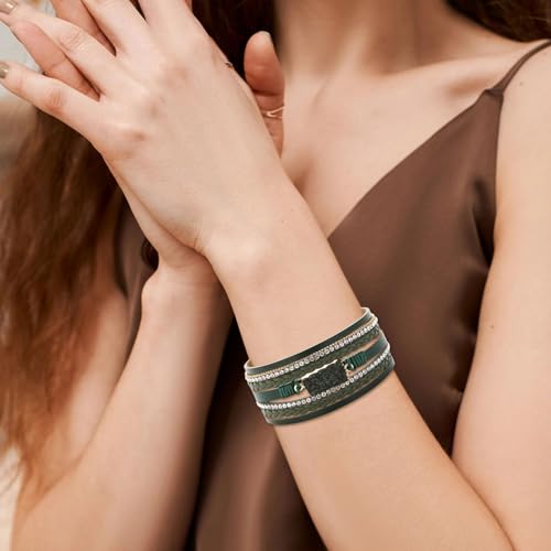 Long tiantian Leather Wrap Bracelets Boho Bracelets for Women Rhinestone Leather Bangles Boho Western Outfit Accessories Jewelry Gifts - color: green