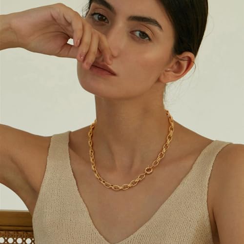 Aobei Pearl 18K Gold Plated Paperclip Chain Choker Satellite Chain Freshwater Cultured Biwa Pearl Pendant Necklace Dainty Turquoise Jewelry for Women - color: Chunky Elliptical Chain