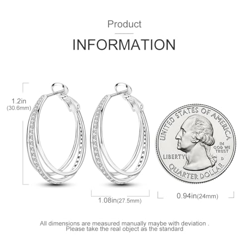 Parmuz 925 Sterling Silver Earrings Hoops for Women Ladies Simple Lightweight Twisted Medium Hoop Earrings With Cubic Zirconia Hypoallergenic Jewelry for Her - color: Big three circles earring