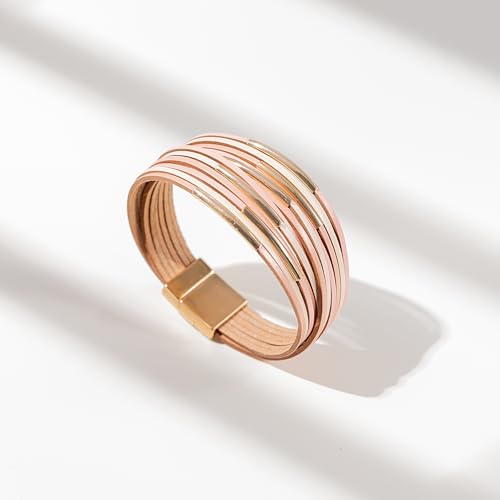 FANCY SHINY Boho Leather Bangle Bracelets Stackable Noodle Tube Bracelets Layered Wrap Cuff Bracelets with Magnetic Clasp - color: Pink