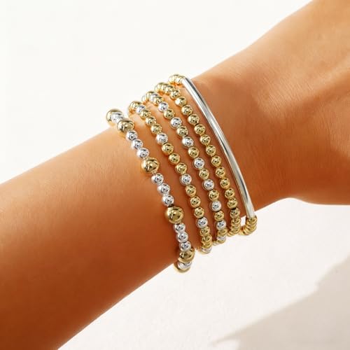 14K Gold Plated Beaded Bracelets Stack Set for Women,Stretch Boho Colorful Beads Ball Jewelry Friendship Summer Trendy - color: Silver gold