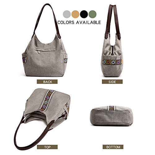 Worldlyda Women Canvas Hobo Purse Multi Pocket Tote Shopper Shoulder Bag Casual Top Handle handbag with Embroidery Ethnic - color: Light Grey