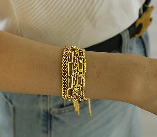 Waterproof Gold Chain Bracelet For Women Non Tarnish,14K Gold Plated Link Dainty Bracelets Stake Layered Bracelet Set Hypoallergen Gold Jewelry - color: Style-13
