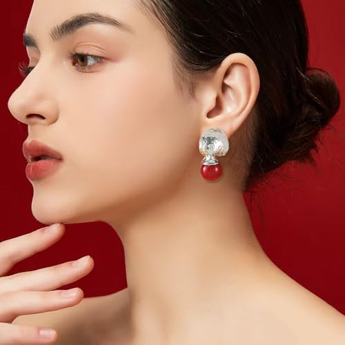 Red Ball Dangle Earrings for Women Boho Hammered Round Circle Bead Statement Charms Drop Earrings Fashion Christmas Holiday Festival Dress Accessories Jewelry Gifts - color: Silver
