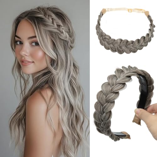 CJL HAIR 2PCs Braided Headbands Hair Piece for Women Synthetic Hair Hoops Head Bands Handmade Braid Hairband Accessories Elastic Stretch Headwrap Ash Grey - color: 2PCS-Ash Grey
