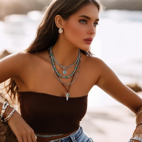 Western Necklaces Boho Layered Charm Necklace for Women Turquoise Beaded Choker Ox-head Pendant Necklace Western Jewelry for Women Cowgirl Accessories - color: Style-A