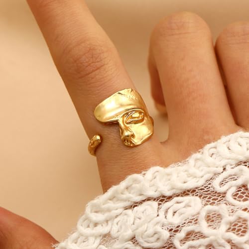 Vintage Half Face Ring For Women Men Adjustable Art Personalized Open Wrap Knuckle Finger Band Rings Thumb Fashion Unique Jewelry Gift - color: Gold