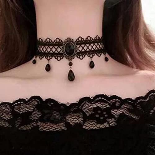 Boho Black Crystal Lace Choker Necklace Tassel Black Teardrop Necklace Choker Gothic Droplet Rhinestone Collar Necklace Retro Vintage Necklace Chain Jewelry for Women and Girls(Black A) - color: Black C