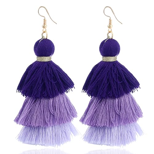 Bohemian Layered Earrings for Women Vintage Three-Layer Ombre Gradient Tassels Earrings Long Statement Tiered Fringe Drop Dangle Earring Elegant Beach Wedding Dangle Earring for Summer Seaside Festivals - color: Purple