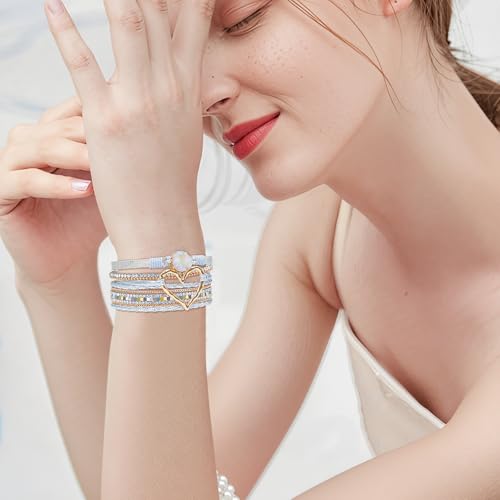 Leather Wrap Bracelet for Women, Boho Cuff Bracelet with Strong Clasp, Multi-Layer Crystal Leather Bracelet for Valentine Mother's Day - color: 01-Heart-Sliver with Gold Clasp