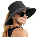 Rosoz Women Sun Hat with Ponytail Hole Wide Brim Bucket Hats UPF 50+ Beach Hiking Gardening Hat Water-Resistant Outdoot Hat - color: Black
