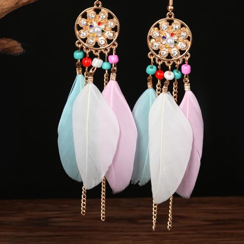 Clip on Tassel Dangle Earrings for Boho Women, Non Pierced, Colorful Feather Handmade Beads Fashion Vintage Fringe Jewelry for Parties Weddings Festivals Trendy Statement Earrings for Bohemian - color: Pink B