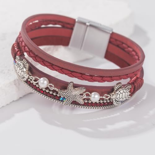 FANCY SHINY Turtle Starfish Leather Wrap Bracelet Boho Rhinestone Pearl Cuff Bracelets for Women Summer Beach Jewelry for Women - color: Burgundy