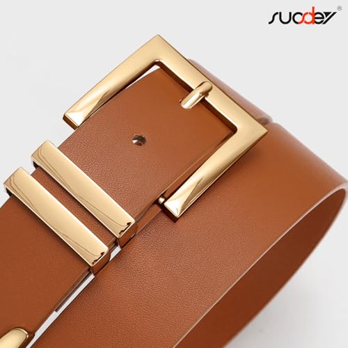 SUOSDEY Plus Size Women's Leather Belts for Jeans Pants Dress Fashion Women Waist Belt with Gold Buckle - color: Brown, size: Fit waist size 32''-37''