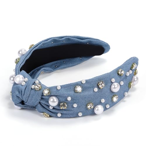 WantGor Pearl Knotted Headband, Women Rhinestone Embellished Hairband Elegant Wide Top Knot Bride Headbands Headpieces Party Fashion Elegant Ladies Hair Band Hair Hoop Accessories (Denim blue) - color: Denim blue