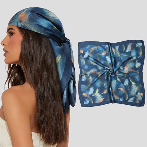 AWAYTR 27.5” Square Satin Head Scarf Hair Scarf for Women's Hair Silk Bandana for Women Silk Head Wrap for Sleeping - color: Feather(dark Green）