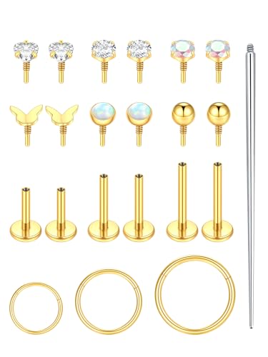 Oveta 16G 18G Flat Back Studs Earrings for Tragus Cartilage Piercing Jewelry, Surgical Steel Nose Rings Hoops 6/8/10mm, Silver/Gold - color: Gold, size: 18g*6/8/10mm bar