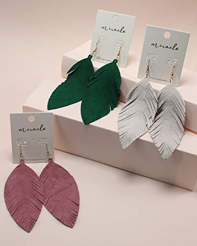 Large Genuine Soft Leather Handmade Fringe Feather Lightweight Tear Drop Dangle Color Earrings for Women Girls Fashion - color: Green