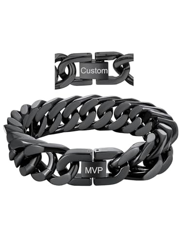ChainsHouse Stainless Steel Cuban Link Bracelet, 8mm/12mm/17mm Width, 7.5"/8.3"/9", 18K Gold Plated Chain Wrist Bracelets for Men Women, Send Gift Box - color: U: Black-17mm width-custom