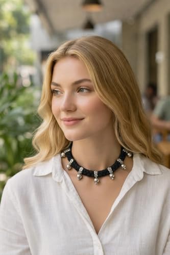 athizay Boho Charm Thread Choker Necklace – Braided Bohemian Choker with Oxidized Silver Dangle Charms | Handmade Boho Jewelry for Women - color: Black, Silver