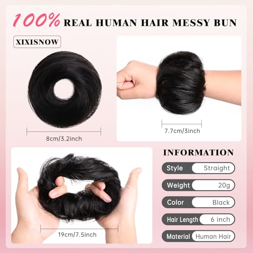 Messy Bun Hair Piece 100% Real Human Hair Chignons Scrunchie Tousled Fluffy Bun Scrunchie Wig Stretchy Band Messy Buns Hair Clip Fake Messy Hair Buns Hair Pieces for Women Black - color: Natural Black