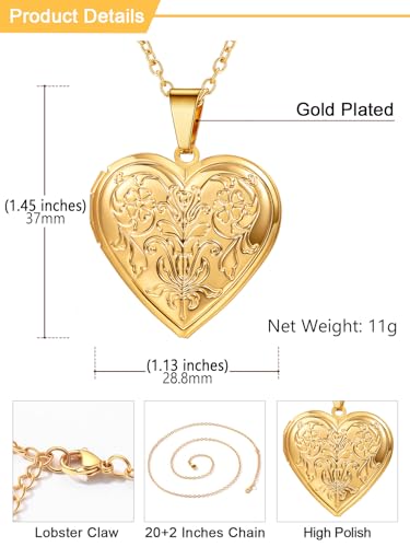 U7 Women Locket Necklace Platinum 14K Gold Photo Lockets that Hold Picture,Chain 20 Inch Personalized Gift Custom Love Heart Image Necklaces - color: 02# Gold*Flower Grain